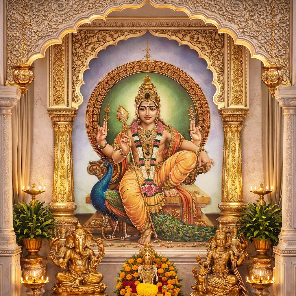Decorative wall panel with a seated figure, peacock, and other statues in an ornate setting.